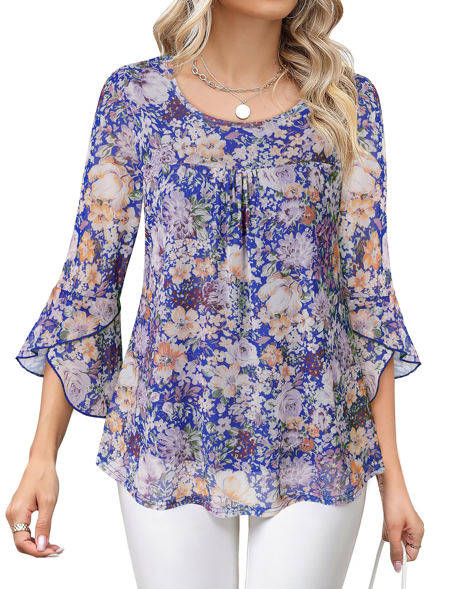 Bebonnie Women's Ruffle 3/4 Sleeve Elegant Dressy Blouses Crew Neck Double Layers Mesh Tunic Tops