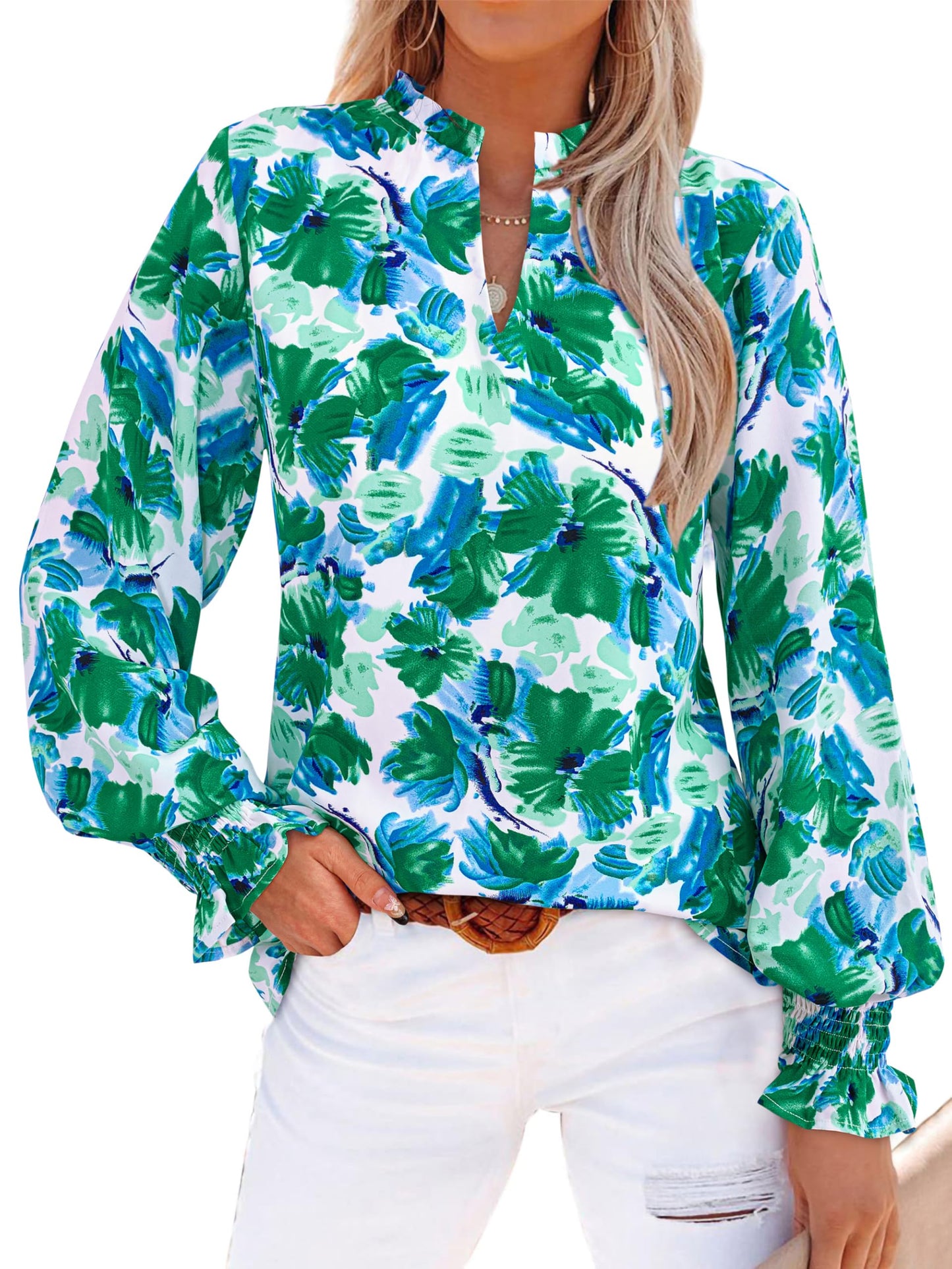 MASCOMODA Womens V Neck Floral Long Sleeve Tops 2025 Summer Casual Loose Puff Sleeve Chiffon Boho Work Blouse Dressy T Shirts