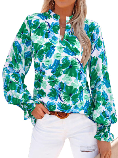 MASCOMODA Womens V Neck Floral Long Sleeve Tops 2025 Summer Casual Loose Puff Sleeve Chiffon Boho Work Blouse Dressy T Shirts