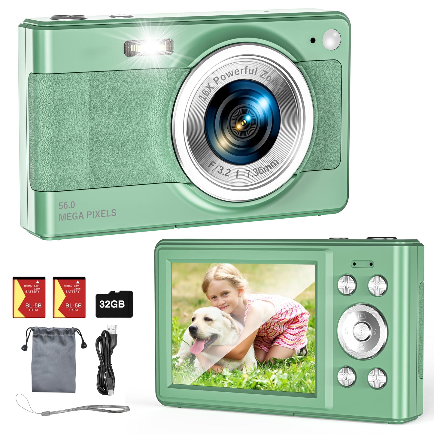 Upgrade Digital Camera, 56MP FHD 1080P Camera for Kids with 16x Zoom Anti Shake, Kid Camera with 32GB TF Card, Two Batteries, Lanyard, Compact Small for Kids Boys Girls（Black）