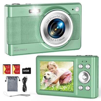 Upgrade Digital Camera, 56MP FHD 1080P Camera for Kids with 16x Zoom Anti Shake, Kid Camera with 32GB TF Card, Two Batteries, Lanyard, Compact Small for Kids Boys Girls（Black）