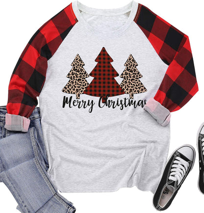 Plus Size Christmas T Shirt Women Xmas Leopard Plaid Trees Print Tees Casual Long Sleeve Holiday Shirts Top