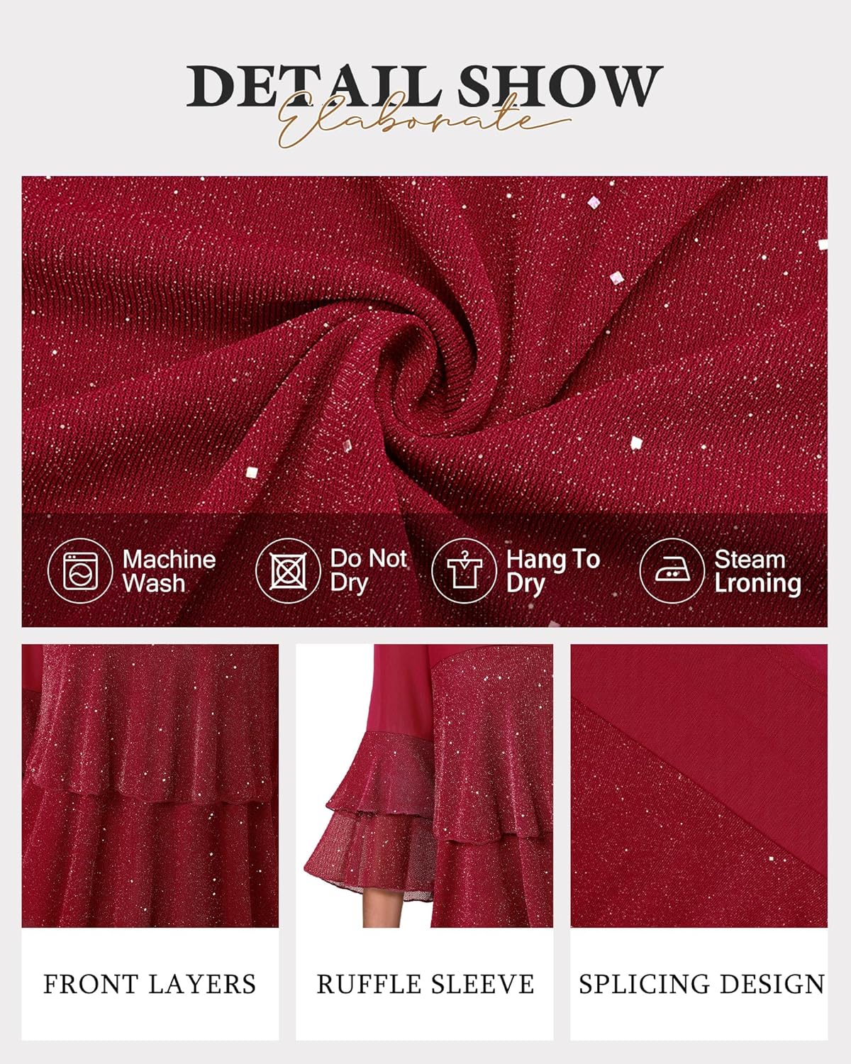 Bebonnie Womens Dressy Sparkly Tops 3/4 Sleeve Ruffles Elegant Evening Flowy Blouse