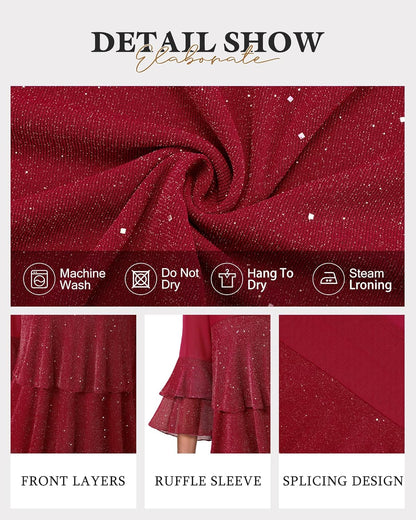 Bebonnie Womens Dressy Sparkly Tops 3/4 Sleeve Ruffles Elegant Evening Flowy Blouse