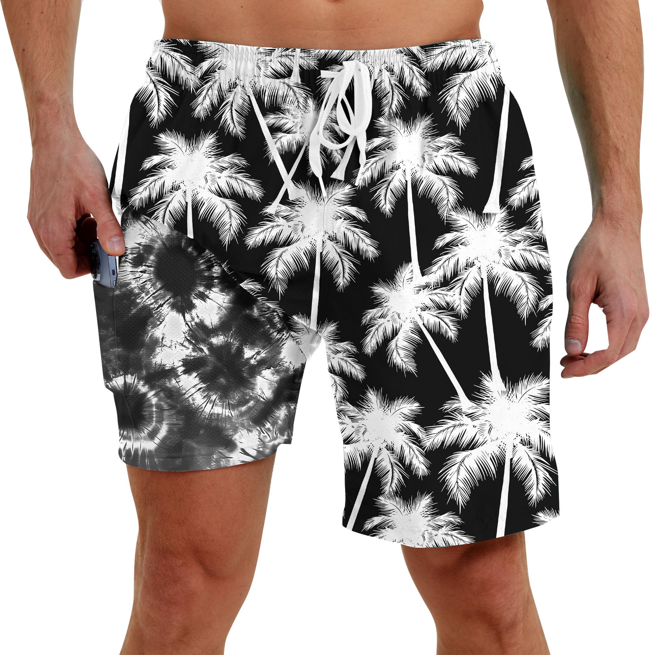 Men Swim Trunks with Compression Liner Men's 2 in 1 Bathing Suits 7 Inch Hawaiian Board Shorts