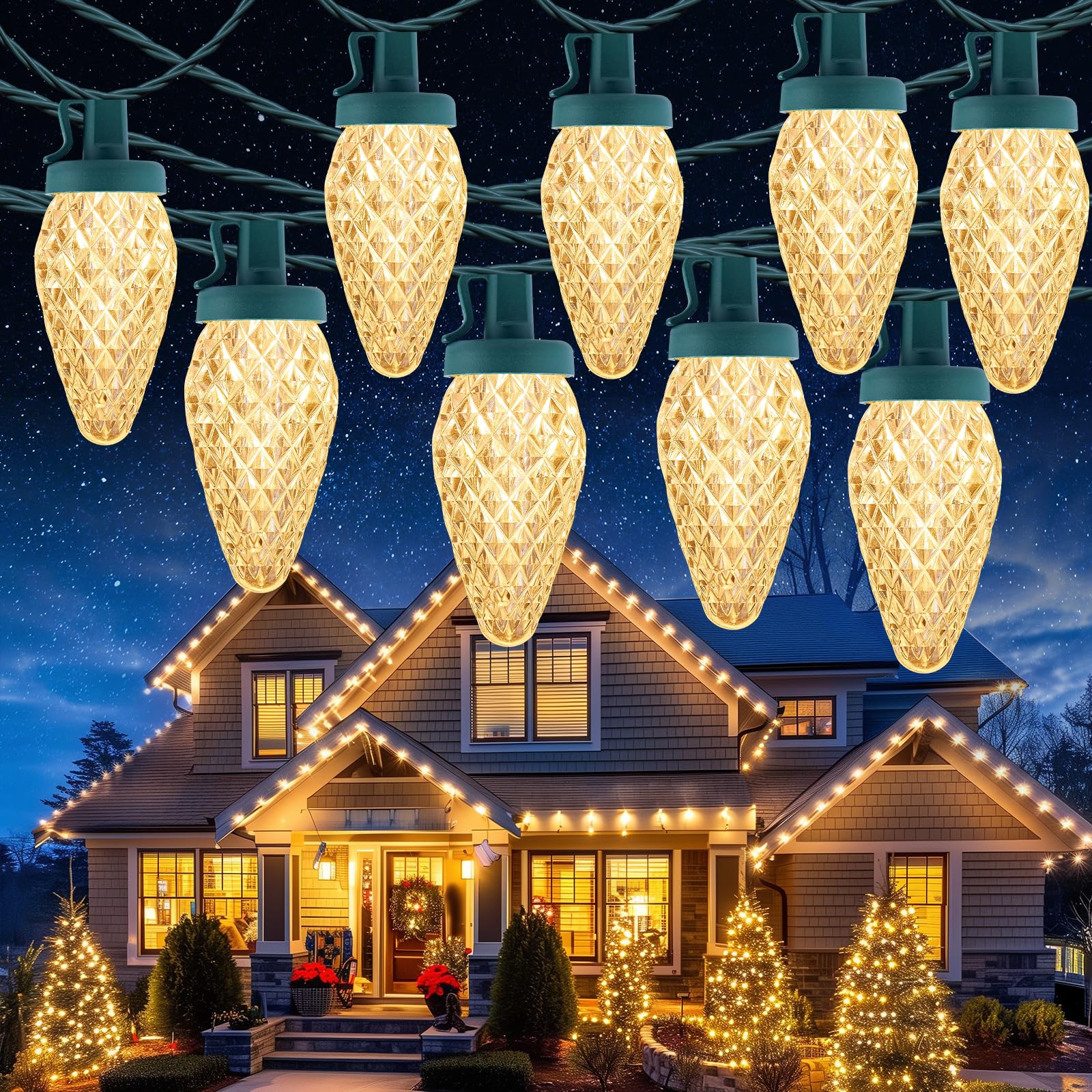 C9 Christmas Lights Outdoor, 114 Feet 150 LED C9 String Lights with Timer & 8 Light Modes, Waterproof Commercial Grade Connectable Christmas Tree Lights for Indoor Outside Roofline Patio, Multicolor