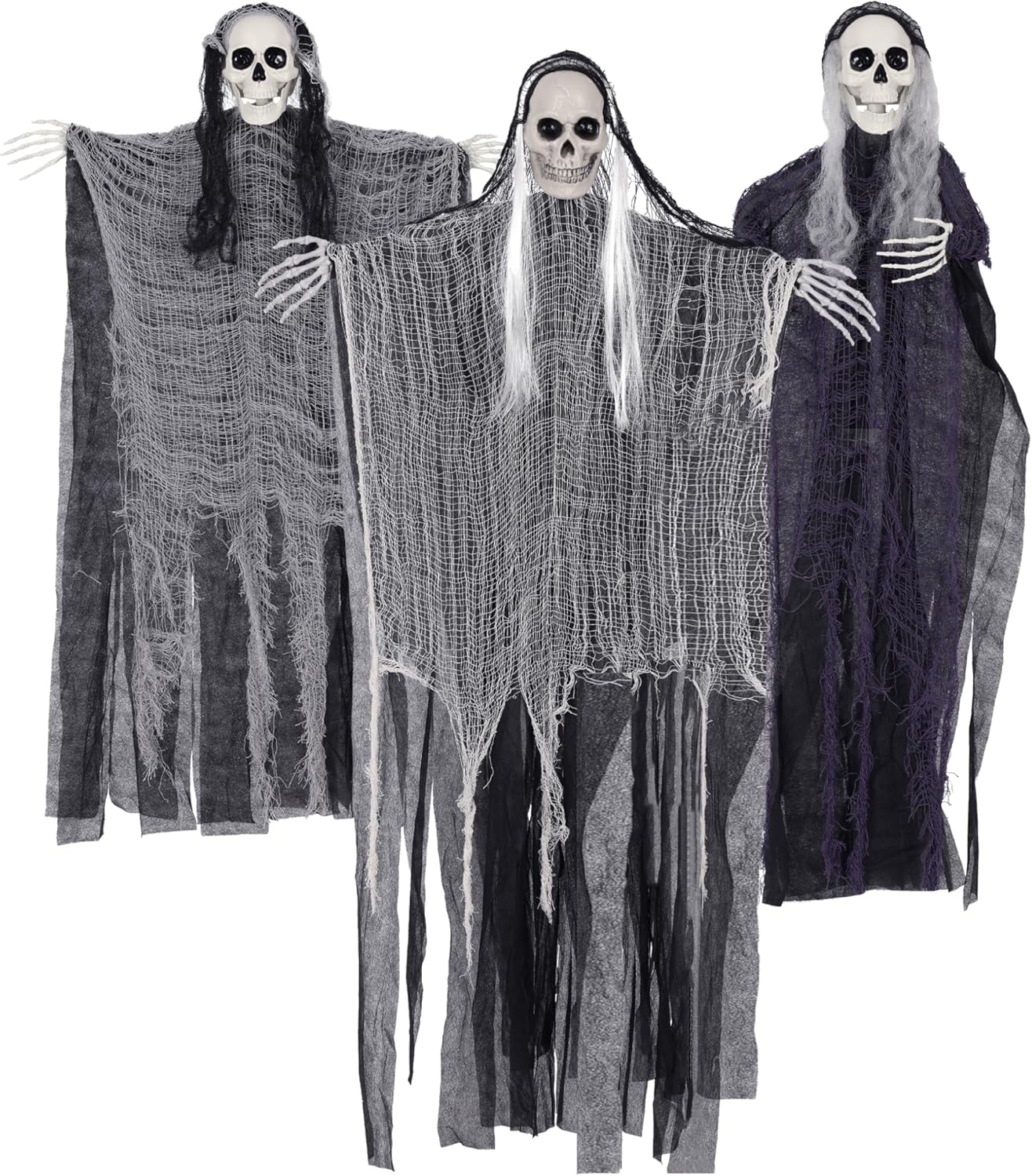 3 Pack Hanging Halloween Skeleton Ghosts Decor - Grim Reapers Flying Ghost with Adjustable Arms for Haunted House Prop Party Indoor Halloween Decorations Outdoor