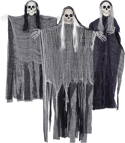 3 Pack Hanging Halloween Skeleton Ghosts Decor - Grim Reapers Flying Ghost with Adjustable Arms for Haunted House Prop Party Indoor Halloween Decorations Outdoor