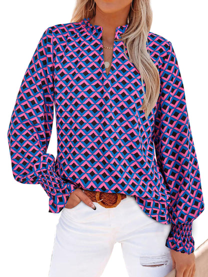 MASCOMODA Womens V Neck Floral Long Sleeve Tops 2025 Summer Casual Loose Puff Sleeve Chiffon Boho Work Blouse Dressy T Shirts