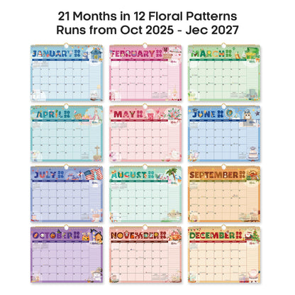 2026 Calendar, Monthly Wall Calendar from October 2025 to June 2027, 11.5" x 14.7", Spiral Binding Hanging Wall Calendar, Perfect for Home or Office,Floral