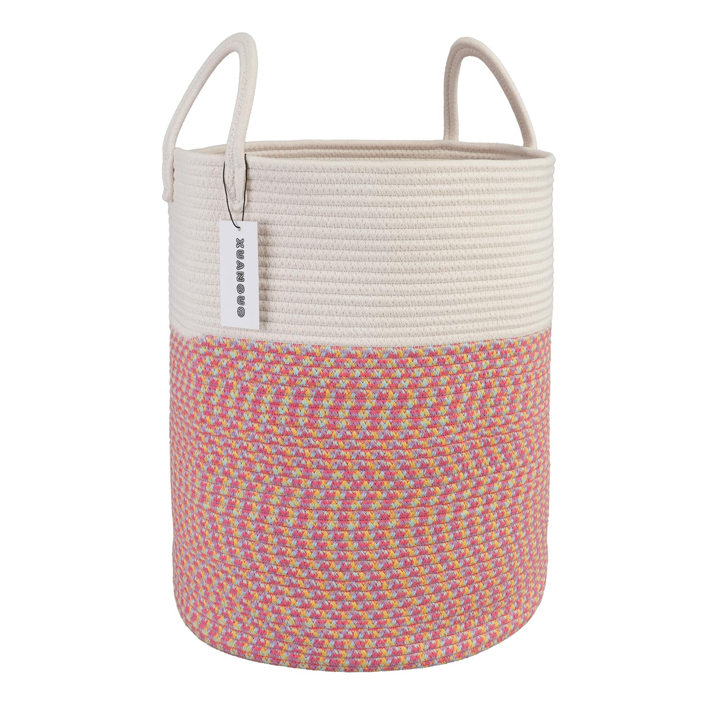 Cotton Rope Laundry Basket Hamper for Girls Kids Baby Nursery Hamper Bin Woven Storage Basket for Living Room Girls room Boho Tall Rope Baskets for Blanket Toys Large light pink