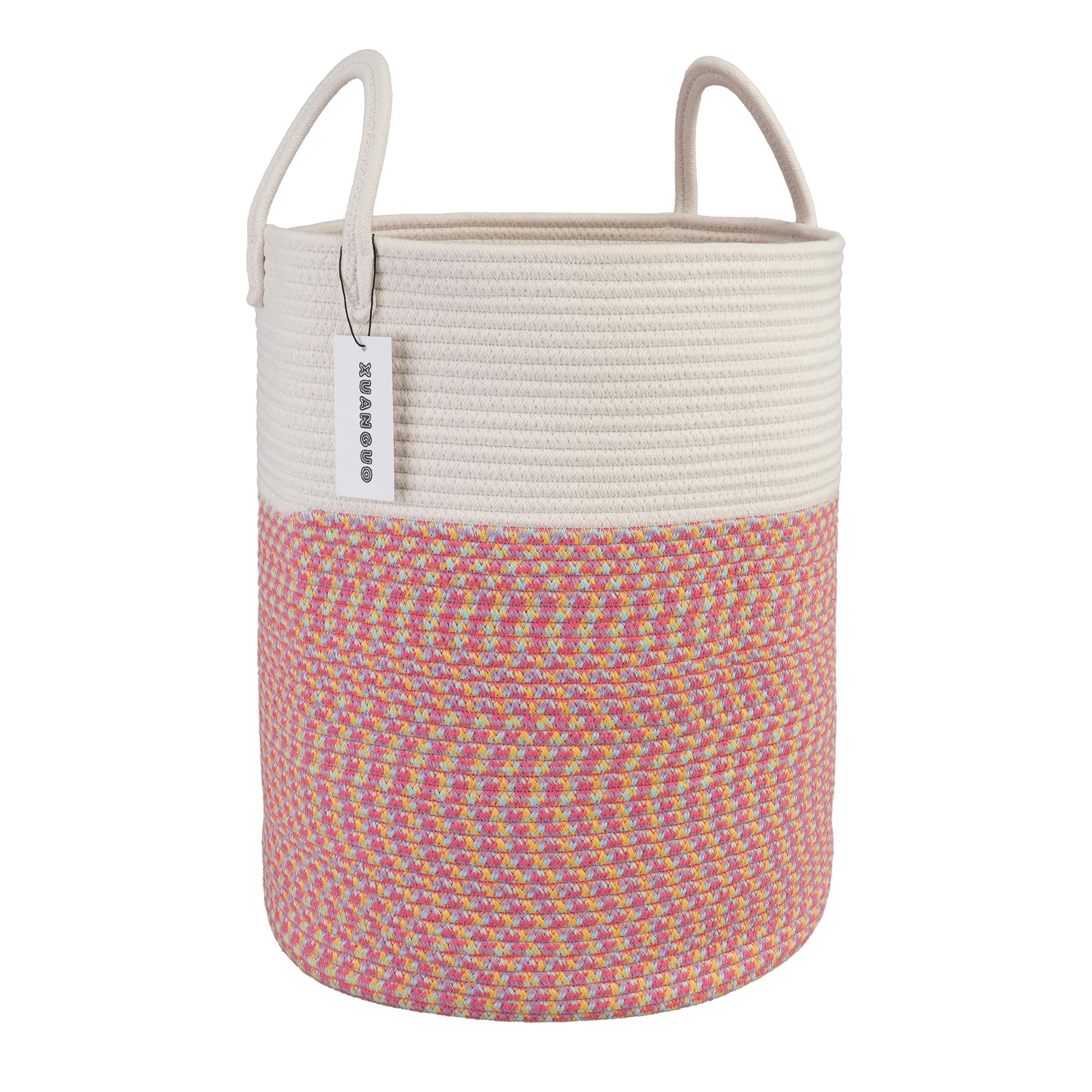 Cotton Rope Laundry Basket Hamper for Girls Kids Baby Nursery Hamper Bin Woven Storage Basket for Living Room Girls room Boho Tall Rope Baskets for Blanket Toys Large light pink