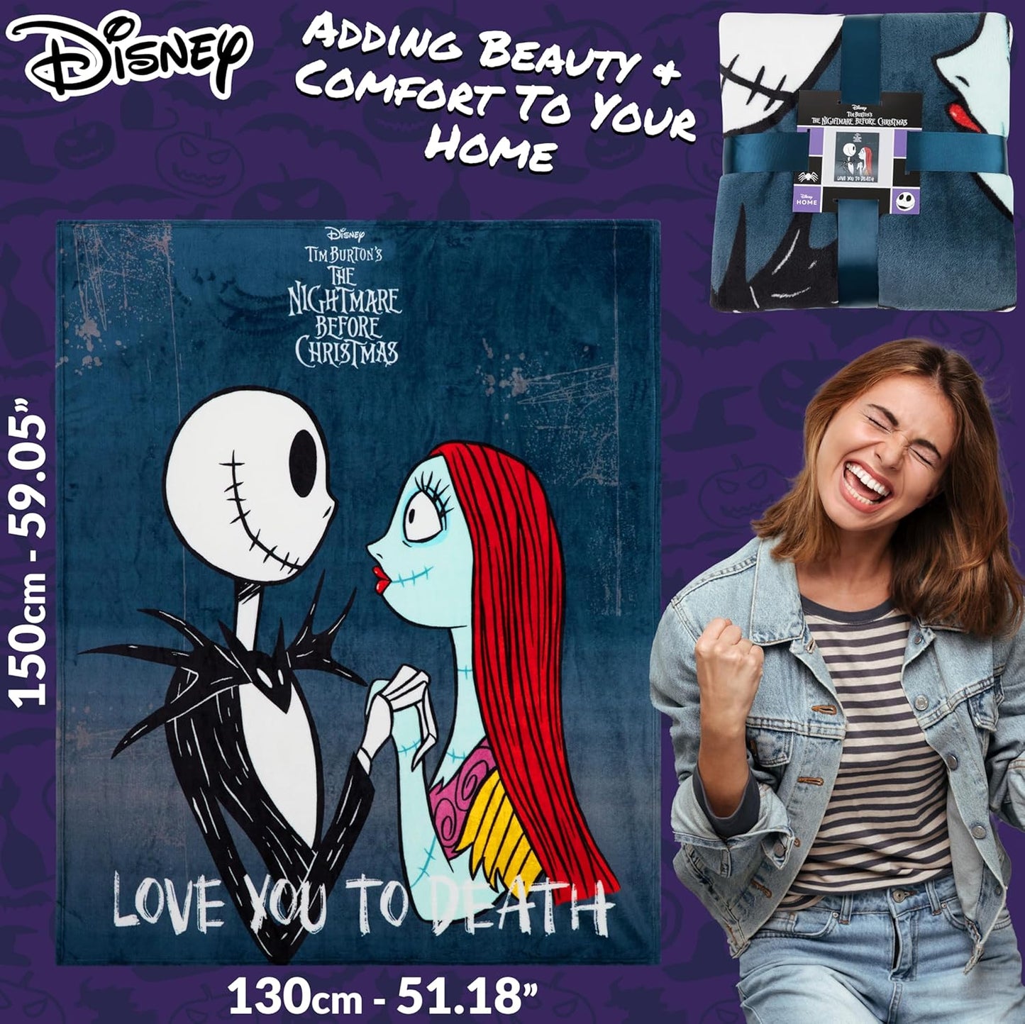 Disney Nightmare Before Christmas Blanket Fleece 59x51” Soft Bed Throw Sofa Couch Flannel Throw, Room Decor, Cozy, Warm Festive Gifts for Kids (Multi)