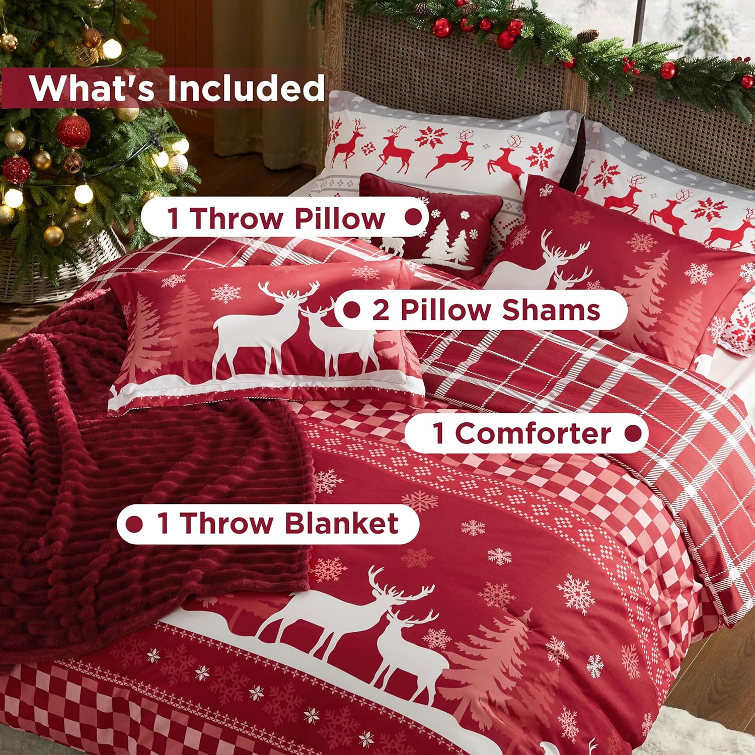 Bedsure Christmas King Comforter Set - 5 Pieces Christmas Bedding Set, King Bed in a Bag with 1 Soft Snowflake and Elk Reversible Comforter, 2 Pillow Shams, 1 Throw Blanket and 1 Decorative