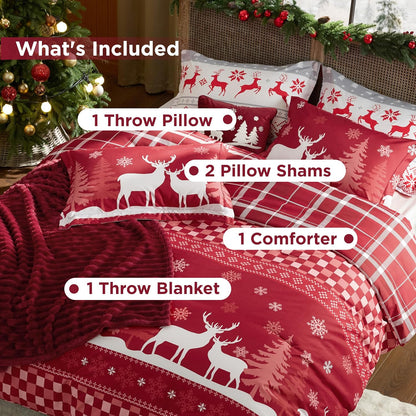 Bedsure Christmas King Comforter Set - 5 Pieces Christmas Bedding Set, King Bed in a Bag with 1 Soft Snowflake and Elk Reversible Comforter, 2 Pillow Shams, 1 Throw Blanket and 1 Decorative