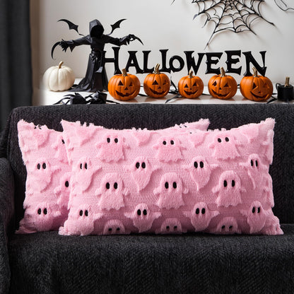 DFXSZ Halloween Pillow Covers 18x18 inch Set of 2 White Ghost Throw Pillow Cases Soft Plush Faux Fur Wool Couch Cushion Case for Chair Sofa Bedroom Living Room Home Decor PTK03A18
