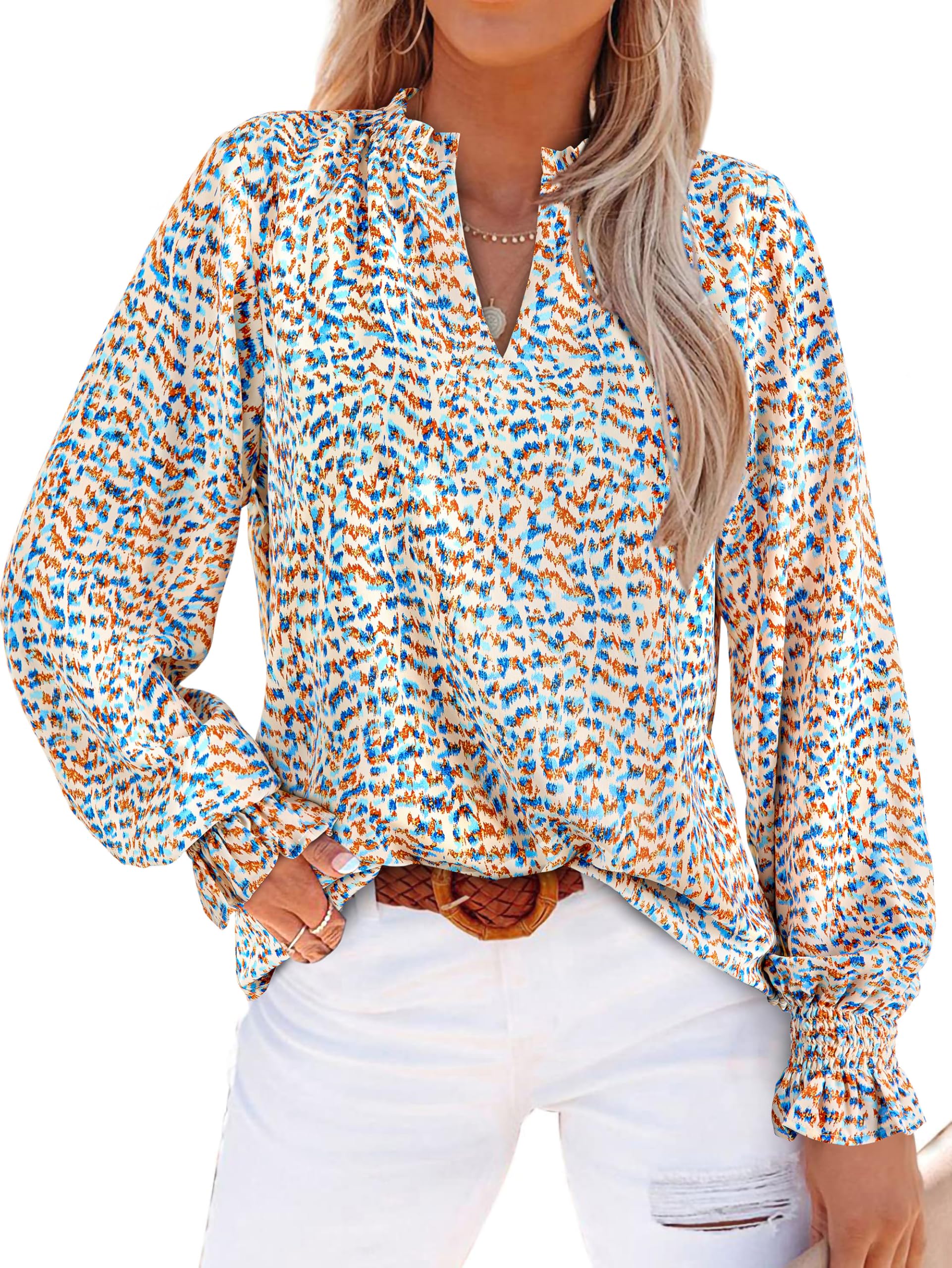 MASCOMODA Womens V Neck Floral Long Sleeve Tops 2025 Summer Casual Loose Puff Sleeve Chiffon Boho Work Blouse Dressy T Shirts