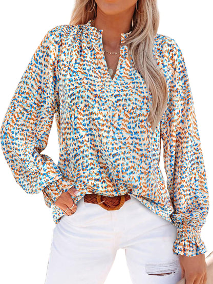 MASCOMODA Womens V Neck Floral Long Sleeve Tops 2025 Summer Casual Loose Puff Sleeve Chiffon Boho Work Blouse Dressy T Shirts