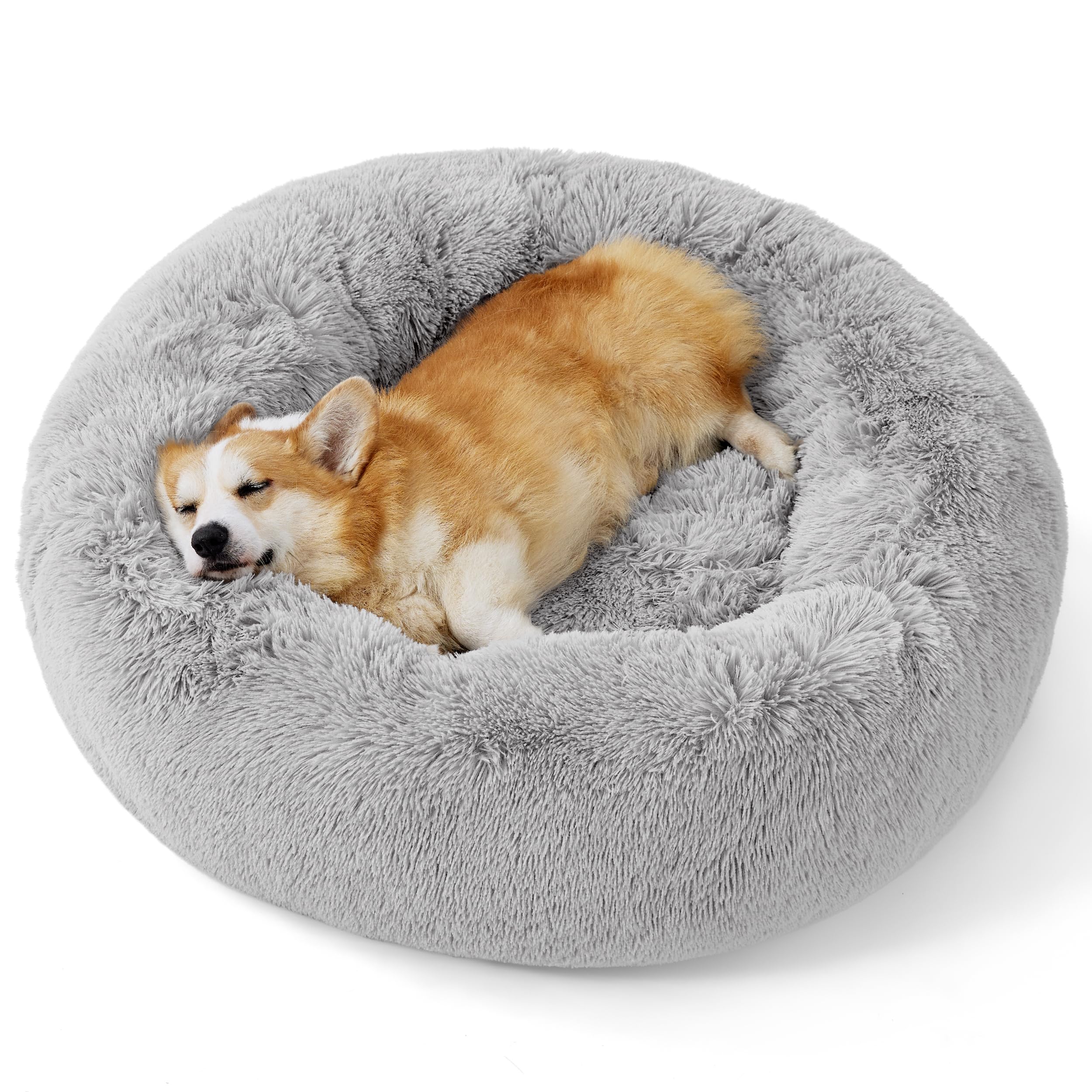 Bedsure Calming Dog Bed for Small Dogs - Donut Washable Small Pet Bed, 23 inches Anti-Slip Round Fluffy Plush Faux Fur Large Cat Bed, Fits up to 25 lbs Pets, Camel