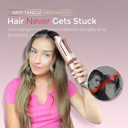 Upgraded Automatic Rotating Curling Iron - TYMO CurlPro Plus Long Barrel Curling Wand for Long Hair, Ceramic Hair Curler for Women, Anti-Scald, Tangle-Free, 600M Ionic, Dual Voltage, Gold, 1 Inch