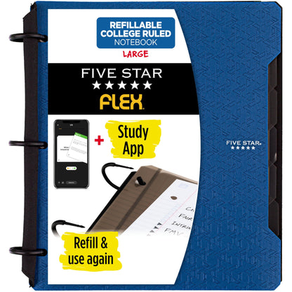 Five Star Flex Refillable Notebook + Study App, College Ruled Paper and 1 Inch TechLock Ring Binder with Pockets, Tabs and Dividers, 200 Sheet Capacity, Black (29328AA2)