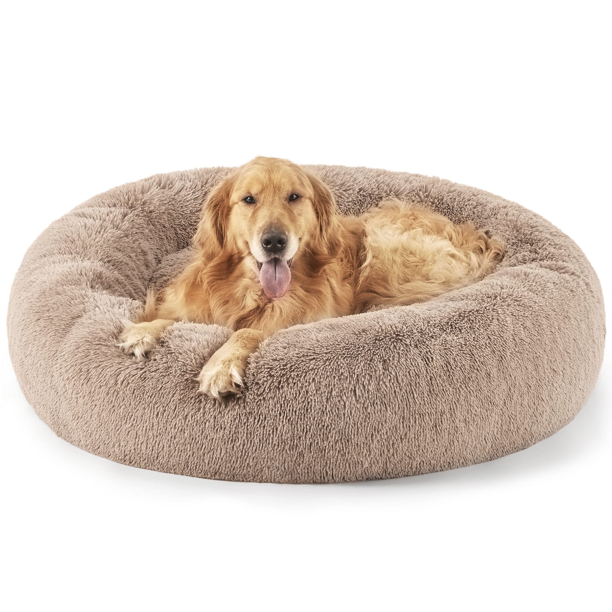 Bedsure Calming Dog Bed for Small Dogs - Donut Washable Small Pet Bed, 23 inches Anti-Slip Round Fluffy Plush Faux Fur Large Cat Bed, Fits up to 25 lbs Pets, Camel