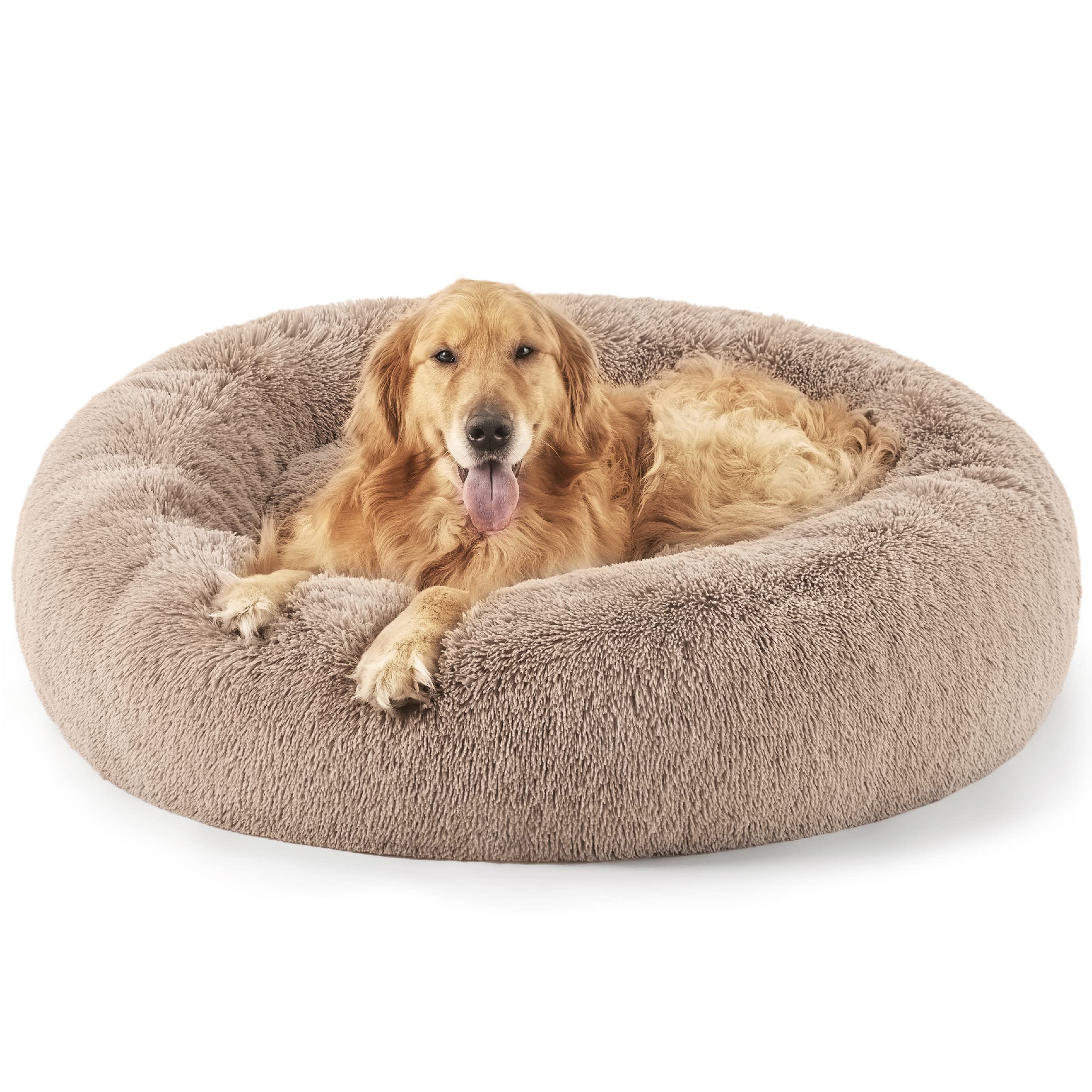 Bedsure Calming Dog Bed for Small Dogs - Donut Washable Small Pet Bed, 23 inches Anti-Slip Round Fluffy Plush Faux Fur Large Cat Bed, Fits up to 25 lbs Pets, Camel