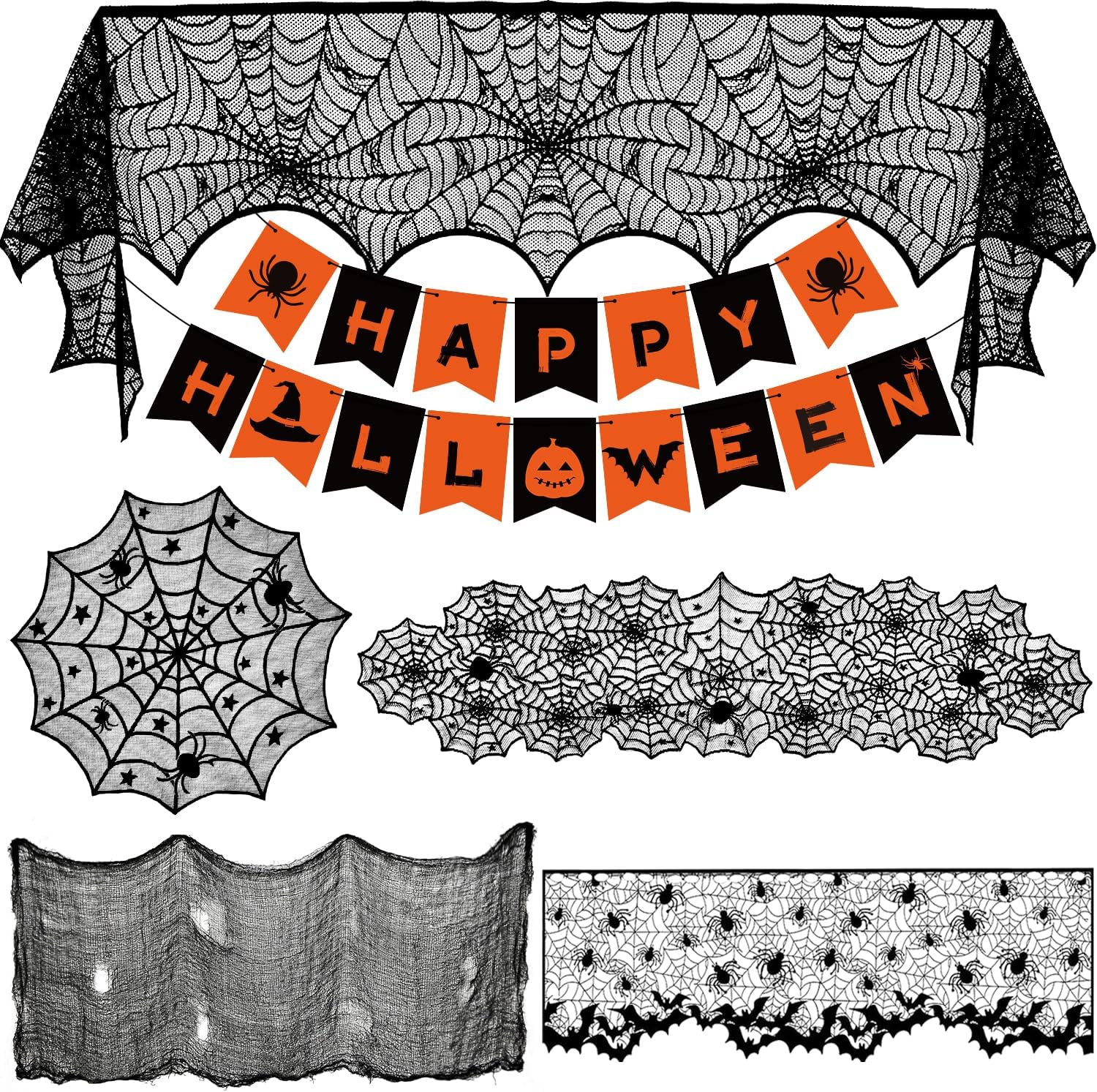 Colovis Decorations Indoor Set, 38PCS Table Decorations for Indoor, Mantel Scarf, Table Runner, Table Cover, Banner, 3D Bats, Lampshade & Creepy Cloth for Party Decor