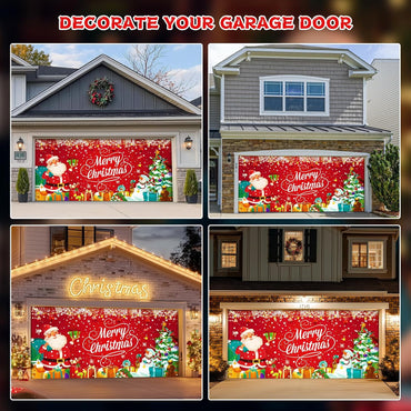 Brightown Christmas Garage Door Cover 7x16ft Decorations, with Magnetic Hook and Elastic Cord for Easy Installation, Christmas Decoration Banner Backdrop for 2 Car Garage Door Party Wall Gate (Red)
