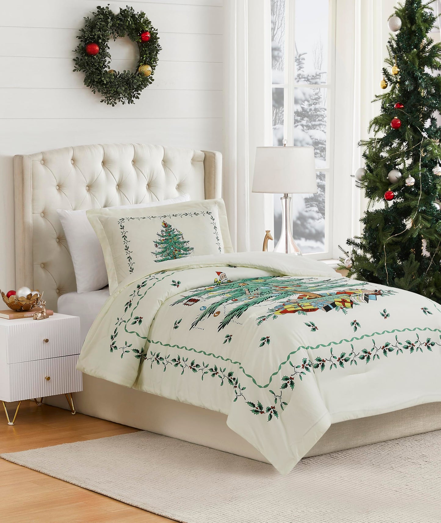 Spode - King Sheets, Cozy 4-Piece Set with Matching Pillowcases, Holiday Room Decor (Spode Christmas Tree Ivory, King)