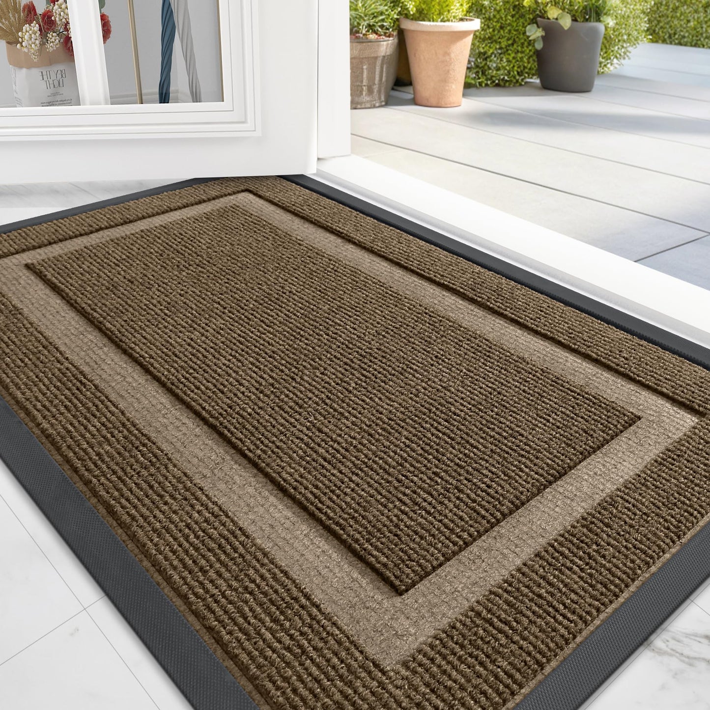 OLANLY Front Door Mat Indoor Outdoor Entrance, Waterproof All-Season, All-Weather Doormat, Sturdy Natural Rubber, Fade Resistant, Low Profile, Easy Clean Patio Porch Entryway Mat, 29.5x17, Black