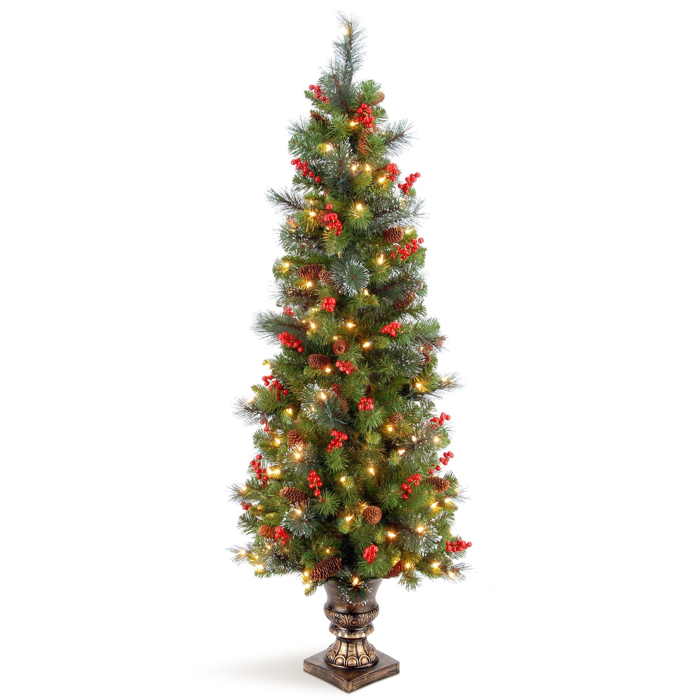 National Tree Company 4 ft Pre-Lit Crestwood Spruce Mini Artificial Christmas Entrance Tree, 100 Clear Lights, 230 Tips, Glitter, Pinecones, Red Berries, Gold Rubbed Pedestal Base, Green