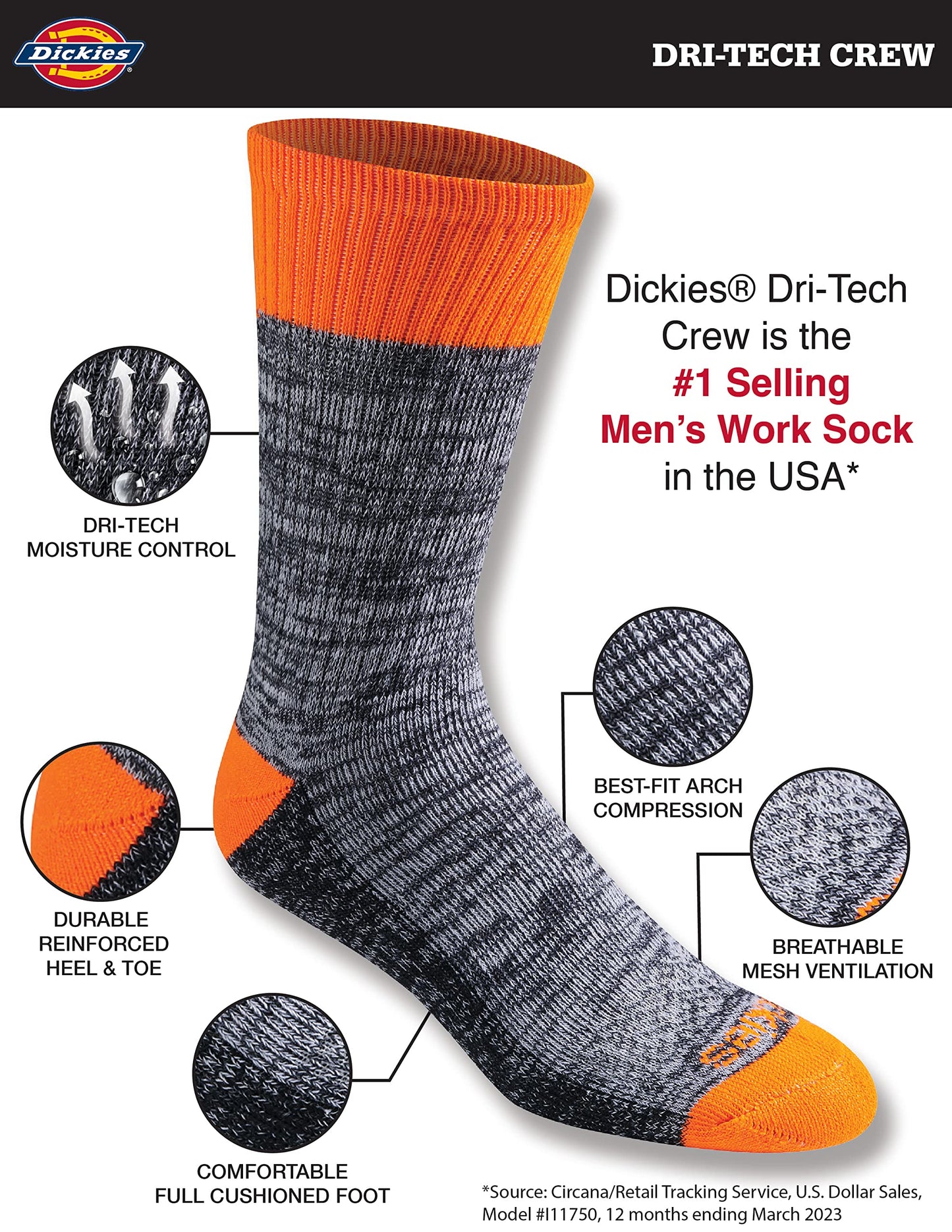 Dickies Men's Dri-Tech Original Moisture Control Crew Socks, Available in M-XXL (6, 12, 18 Pairs)
