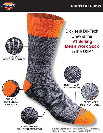 Dickies Men's Dri-Tech Original Moisture Control Crew Socks, Available in M-XXL (6, 12, 18 Pairs)