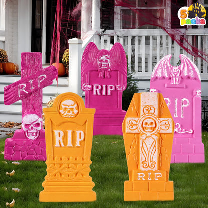 JOYIN 17” Halloween Foam RIP Graveyard Tombstones (5 Pack), Halloween Tombstones Decorations Outdoor for Graves with 12 Metal Stakes for Cemetery Yard Lawn Party Decor