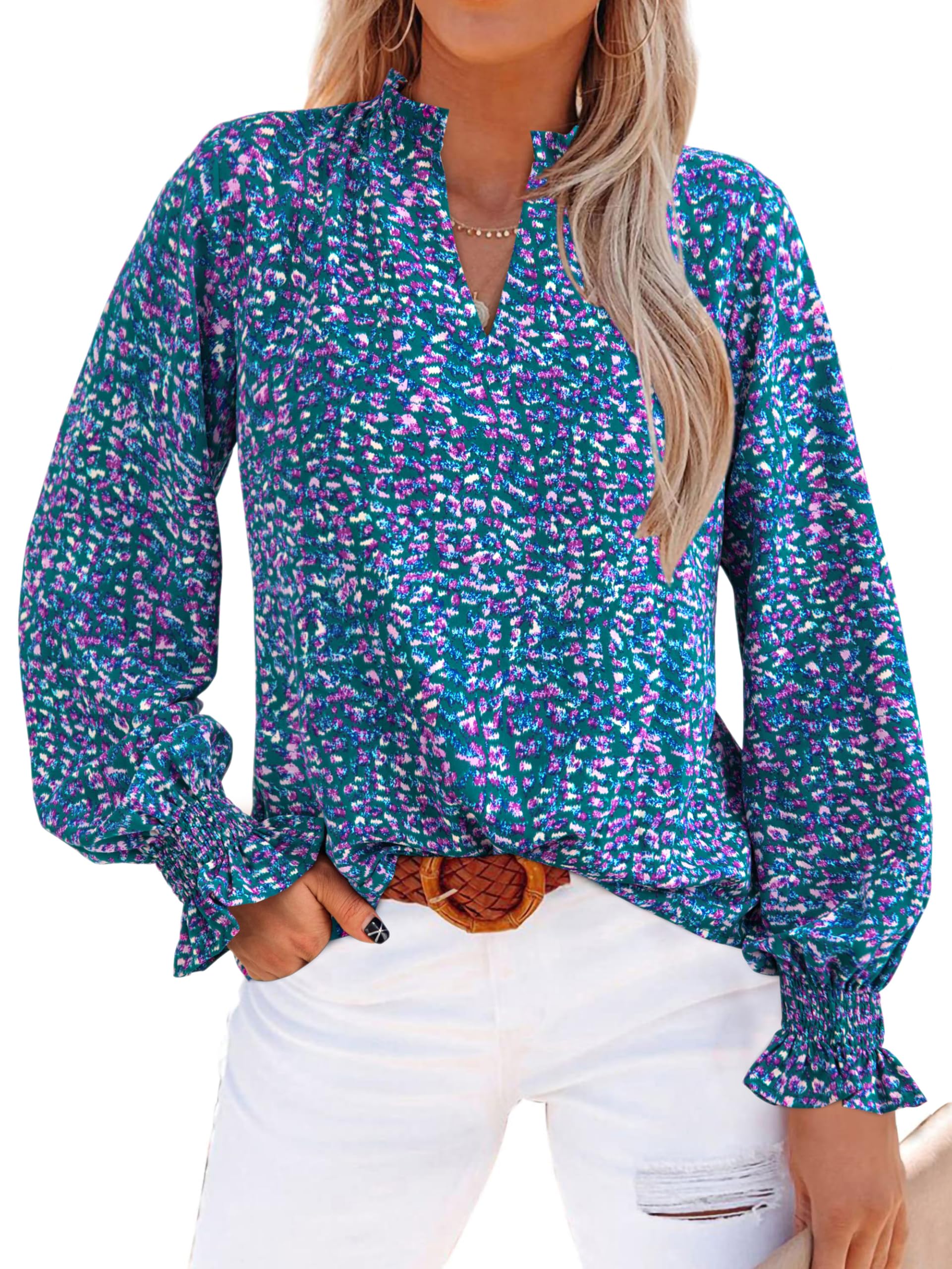 MASCOMODA Womens V Neck Floral Long Sleeve Tops 2025 Summer Casual Loose Puff Sleeve Chiffon Boho Work Blouse Dressy T Shirts