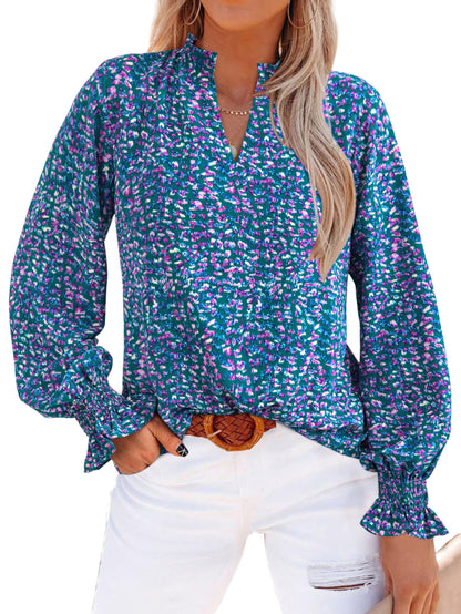 MASCOMODA Womens V Neck Floral Long Sleeve Tops 2025 Summer Casual Loose Puff Sleeve Chiffon Boho Work Blouse Dressy T Shirts