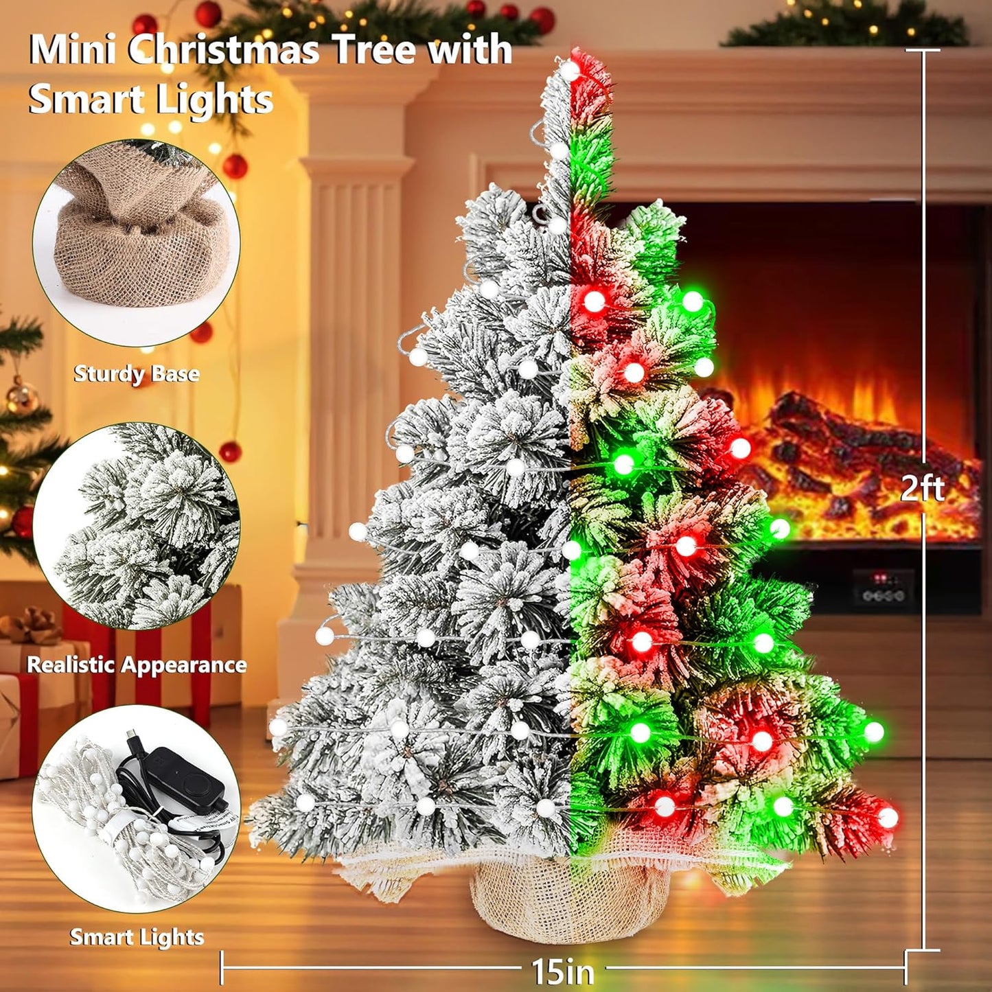 Brizled Snow Flocked Smart Christmas Tree, 2ft Mini Christmas Tree with 100 LED RGB Light, App/Voice Control 159+ Scenes Tabletop Xmas Tree USB C Music Small Tree Work with PD Power for Fireplace Desk