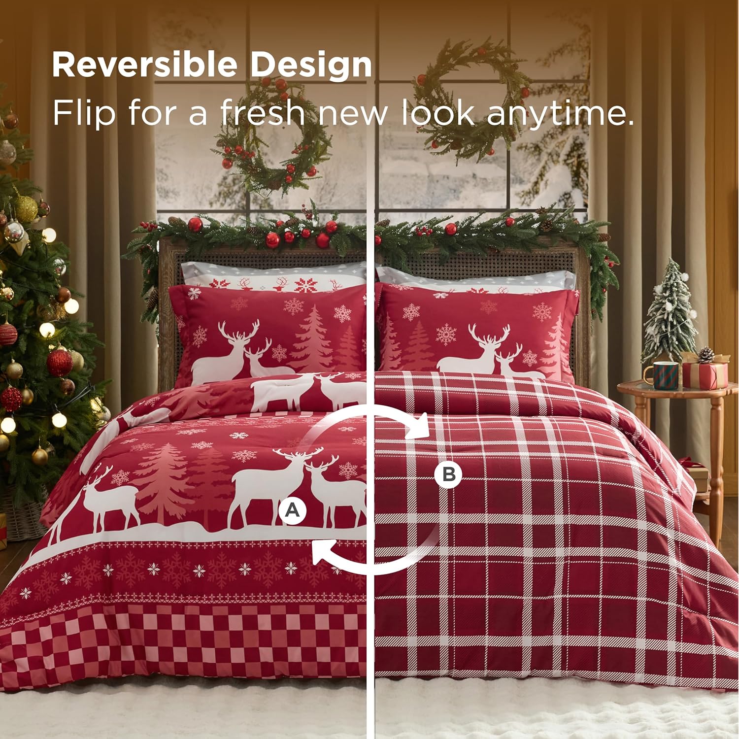 Bedsure Christmas King Comforter Set - 5 Pieces Christmas Bedding Set, King Bed in a Bag with 1 Soft Snowflake and Elk Reversible Comforter, 2 Pillow Shams, 1 Throw Blanket and 1 Decorative