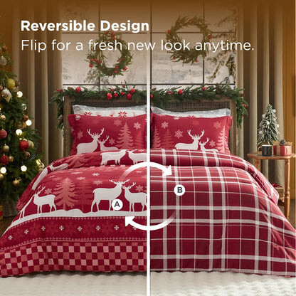 Bedsure Christmas King Comforter Set - 5 Pieces Christmas Bedding Set, King Bed in a Bag with 1 Soft Snowflake and Elk Reversible Comforter, 2 Pillow Shams, 1 Throw Blanket and 1 Decorative