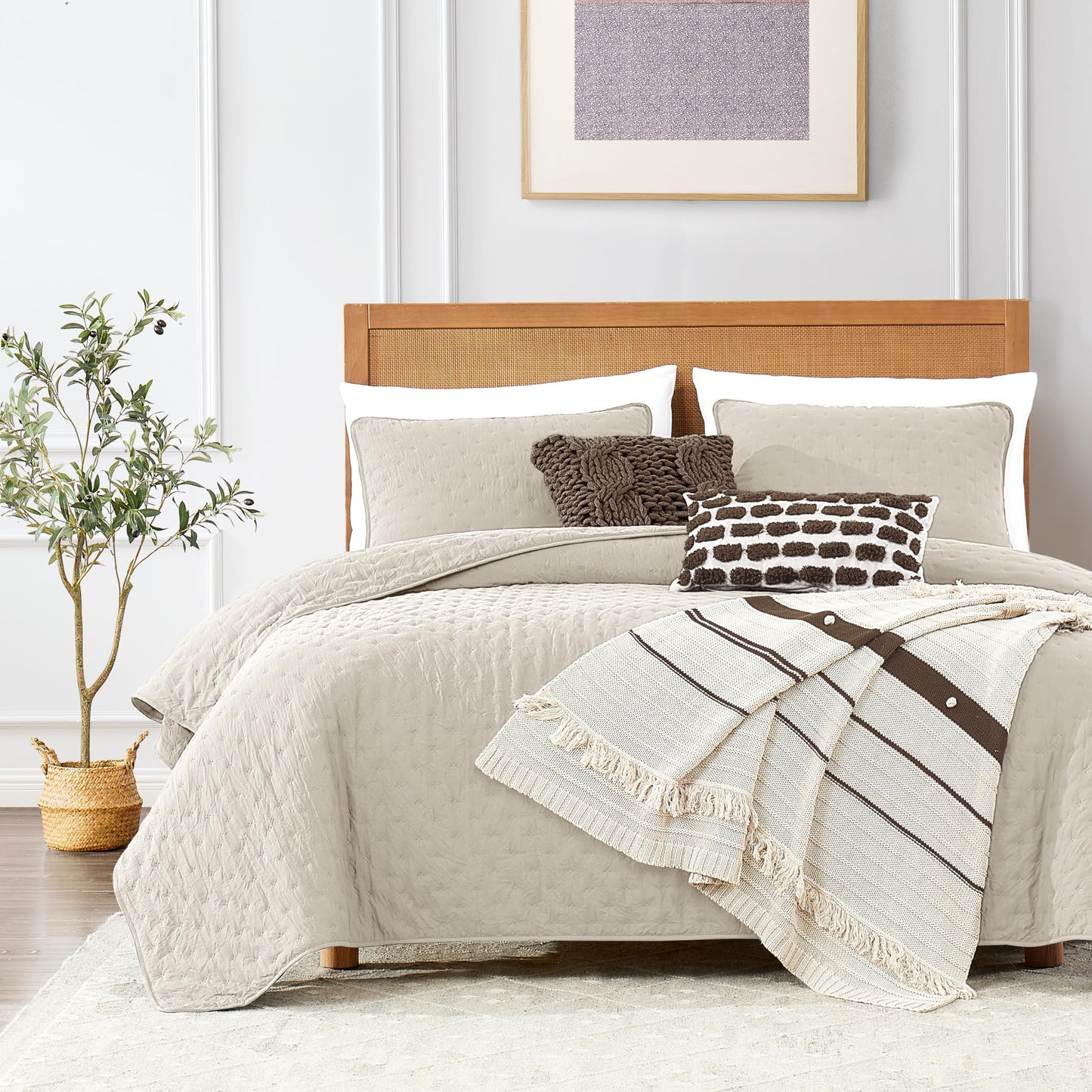 ROARINGWILD Ivory Queen Size Quilt Bedding Sets with 2 Pillow Shams, Full Cream Lightweight Soft Bedspread Coverlet, Thin Comforter Bed Cover for All Season, 3 Pieces, 90x90 inches