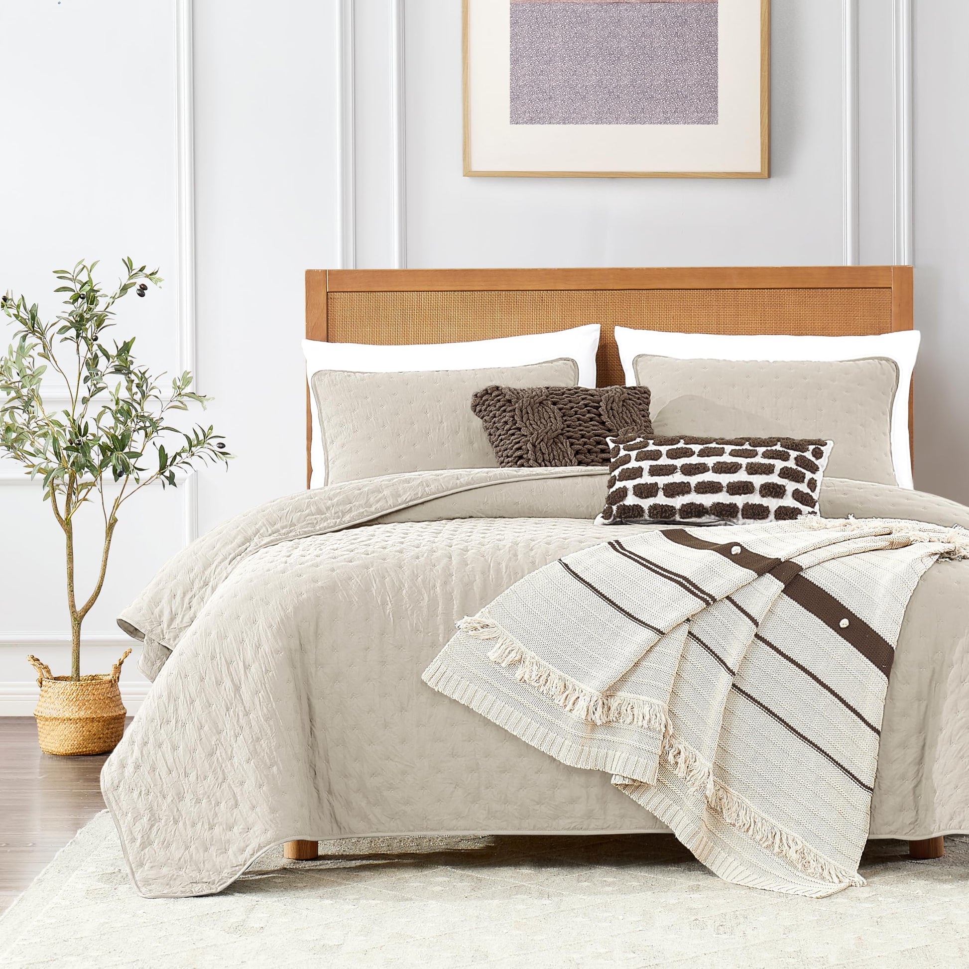ROARINGWILD Ivory Queen Size Quilt Bedding Sets with 2 Pillow Shams, Full Cream Lightweight Soft Bedspread Coverlet, Thin Comforter Bed Cover for All Season, 3 Pieces, 90x90 inches