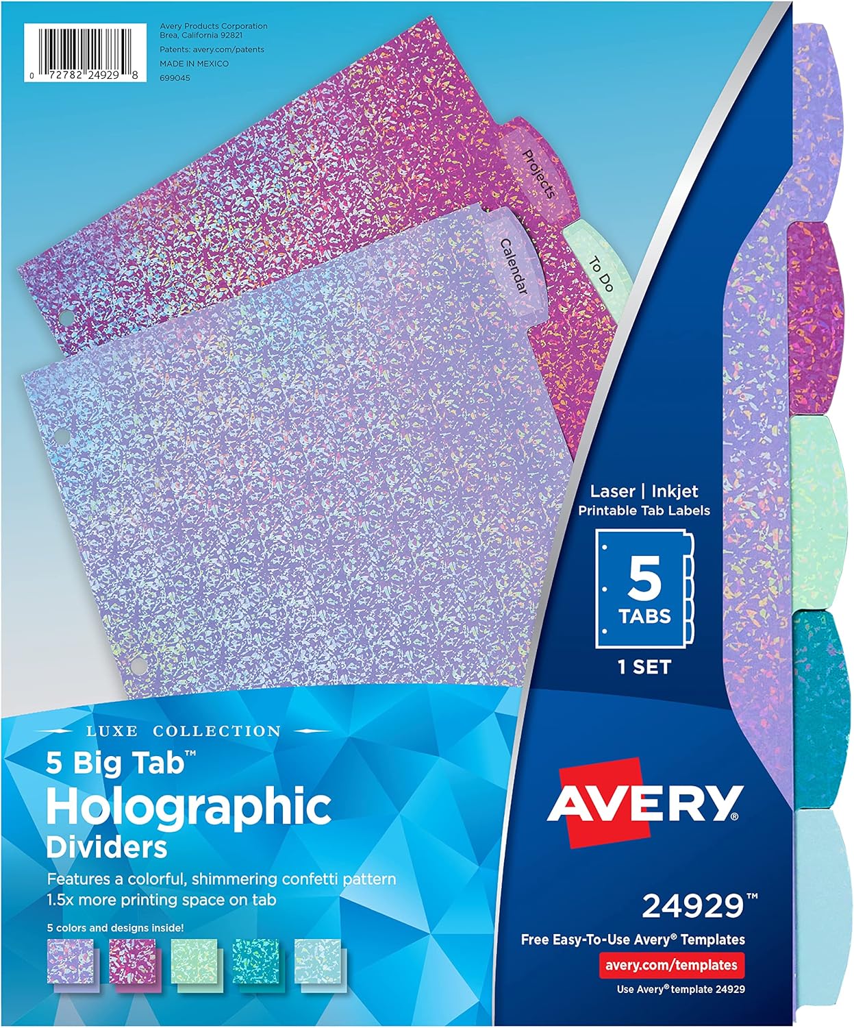 Avery Luxe Collection Holographic Big Tab Fashion Dividers for 3 Ring Binders, 5 Tab Set, Confetti Pattern, 1 Set (24929)