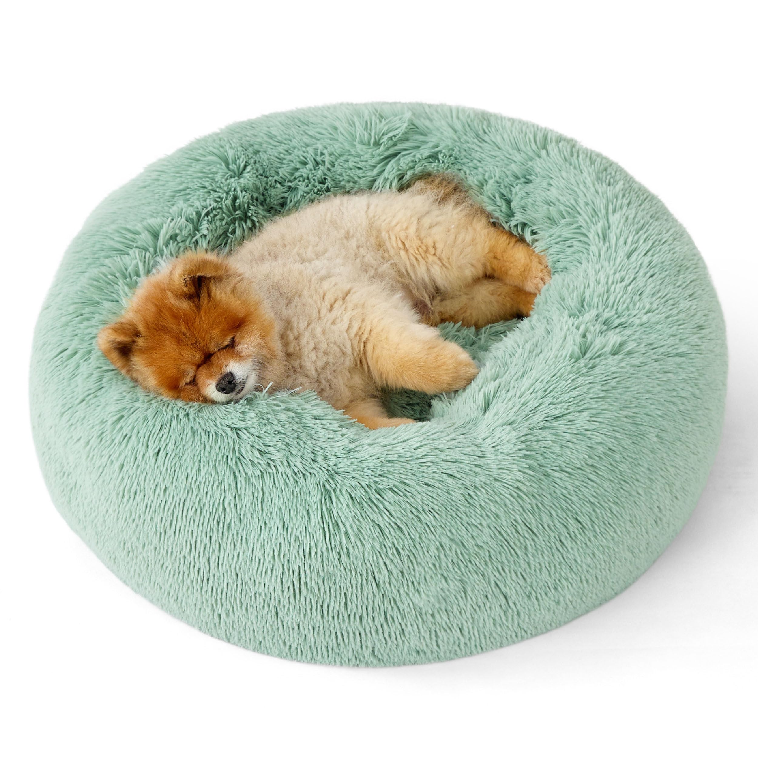 Bedsure Calming Dog Bed for Small Dogs - Donut Washable Small Pet Bed, 23 inches Anti-Slip Round Fluffy Plush Faux Fur Large Cat Bed, Fits up to 25 lbs Pets, Camel