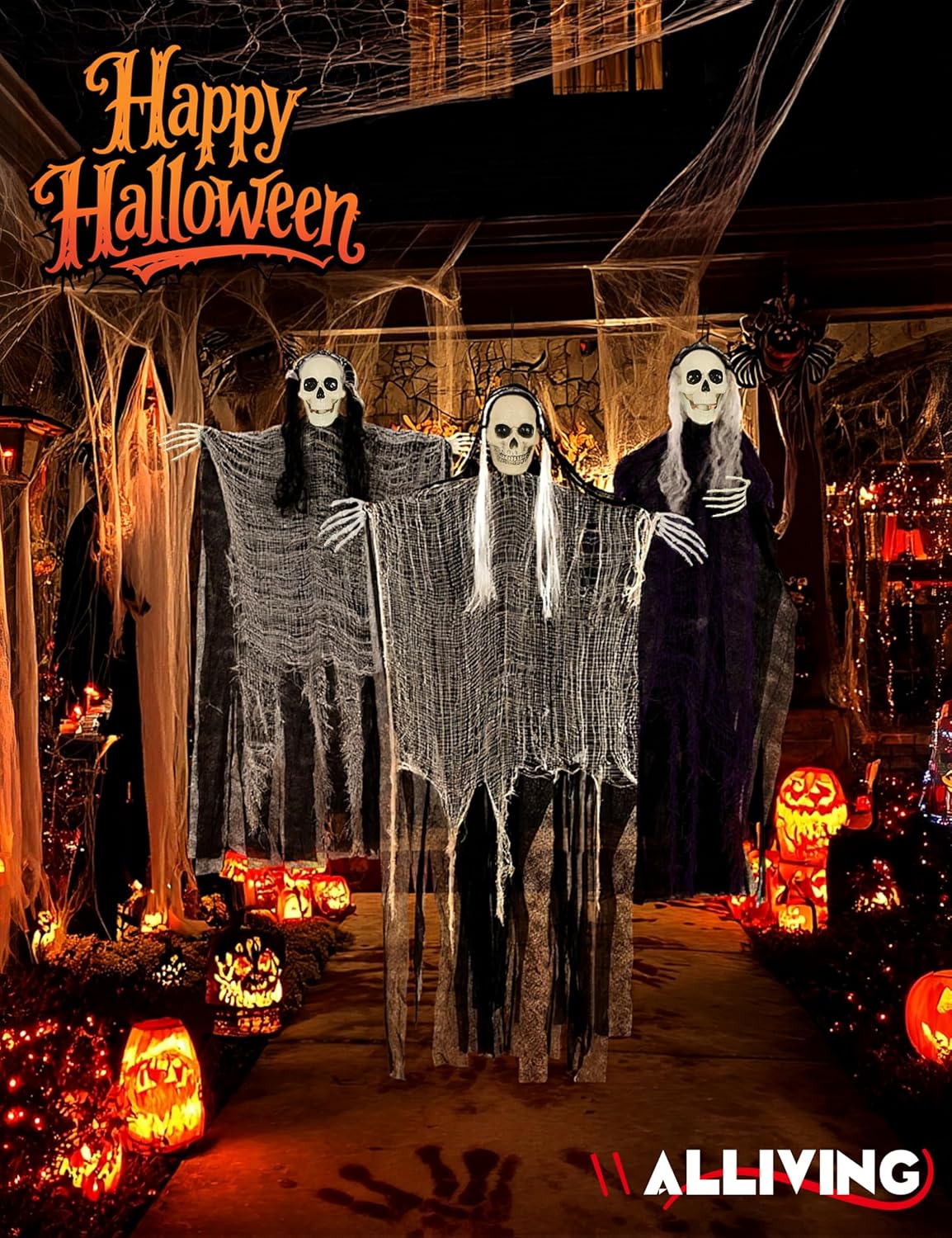 3 Pack Hanging Halloween Skeleton Ghosts Decor - Grim Reapers Flying Ghost with Adjustable Arms for Haunted House Prop Party Indoor Halloween Decorations Outdoor