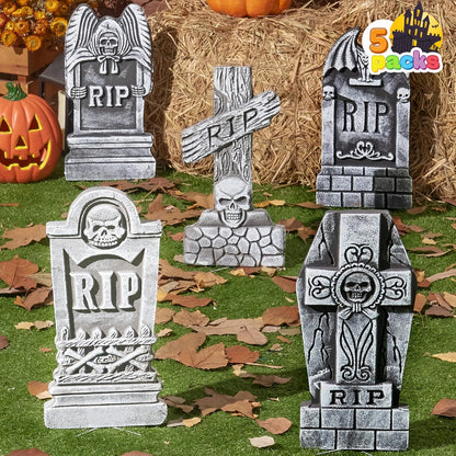 JOYIN 17” Halloween Foam RIP Graveyard Tombstones (5 Pack), Halloween Tombstones Decorations Outdoor for Graves with 12 Metal Stakes for Cemetery Yard Lawn Party Decor