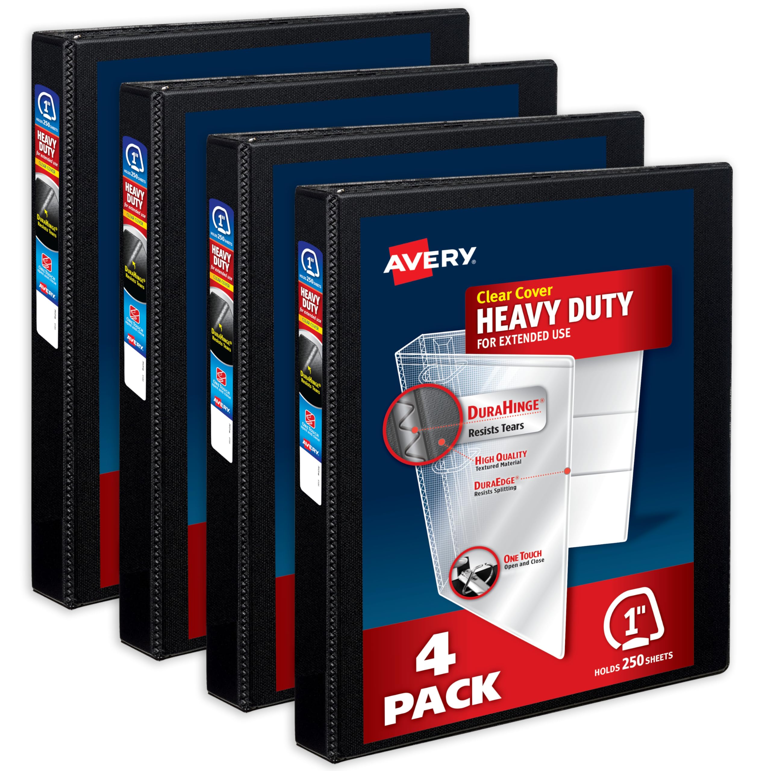 Avery Heavy-Duty View 3 Ring Binder, 1" One Touch Slant Rings, Holds 8.5" x 11" Paper, 1 Black Binder (05300)