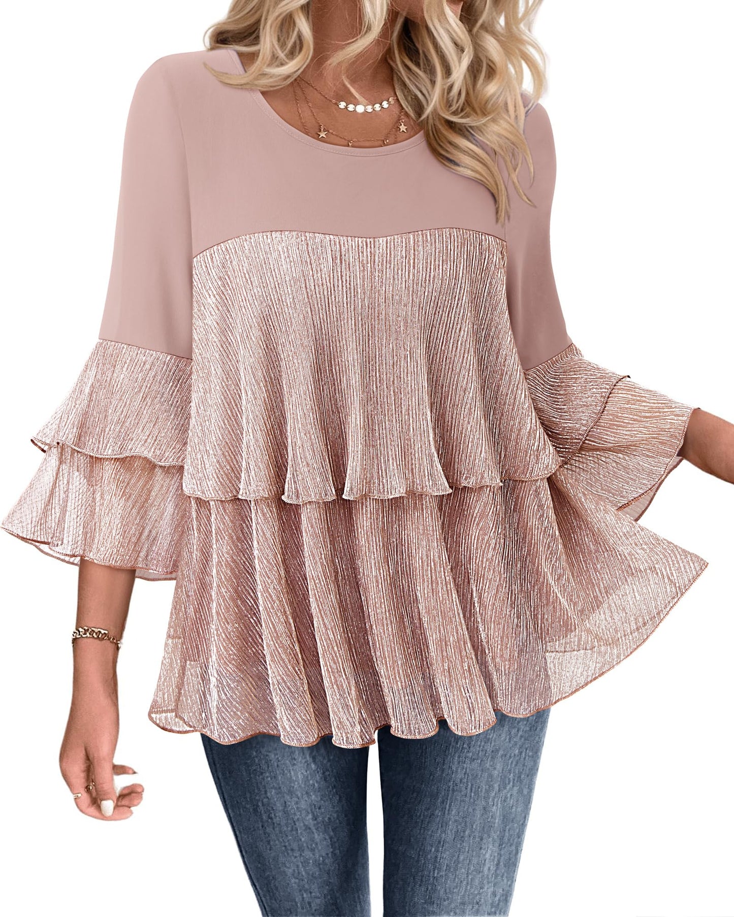 Bebonnie Womens Dressy Sparkly Tops 3/4 Sleeve Ruffles Elegant Evening Flowy Blouse