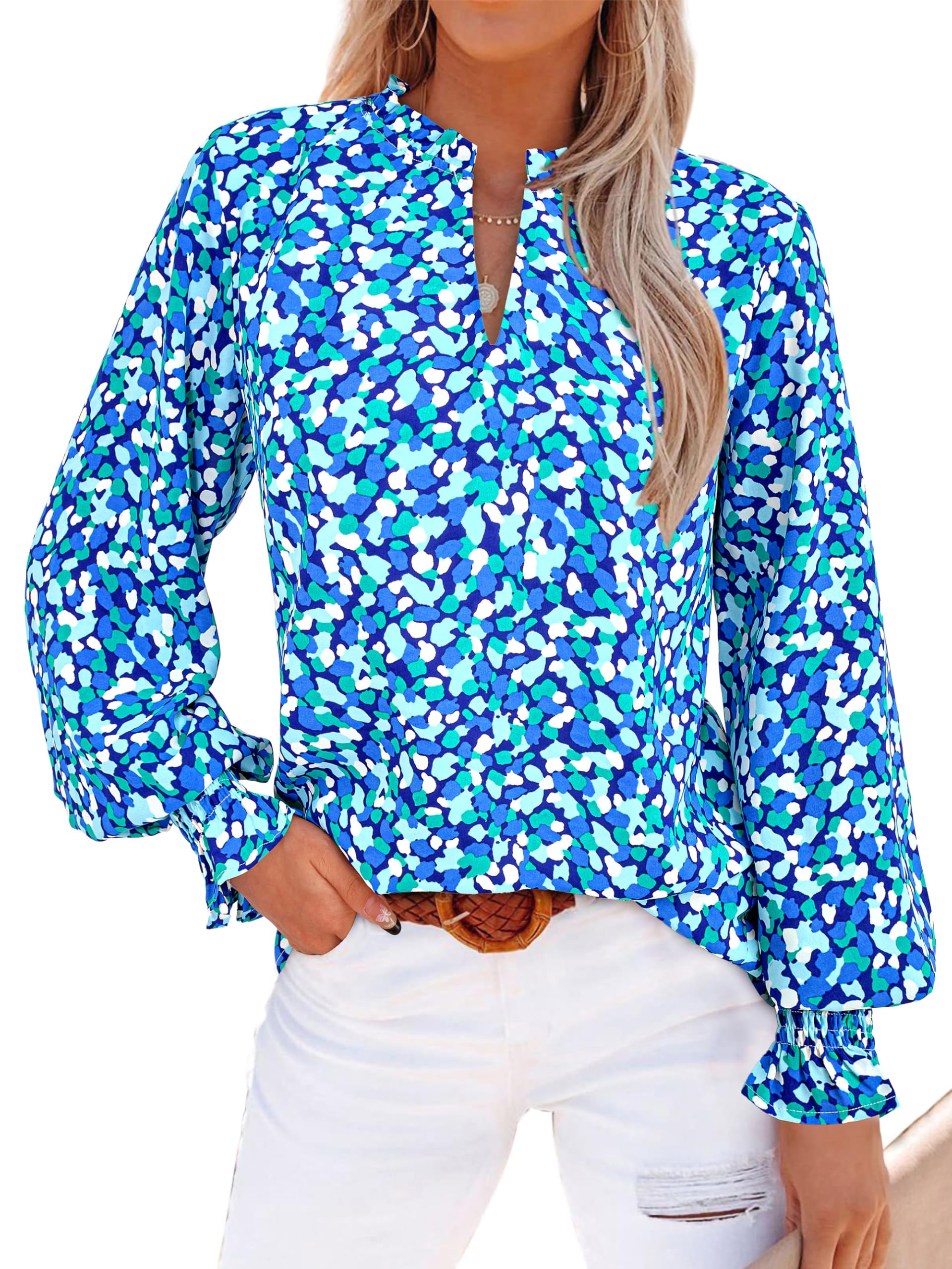 MASCOMODA Womens V Neck Floral Long Sleeve Tops 2025 Summer Casual Loose Puff Sleeve Chiffon Boho Work Blouse Dressy T Shirts