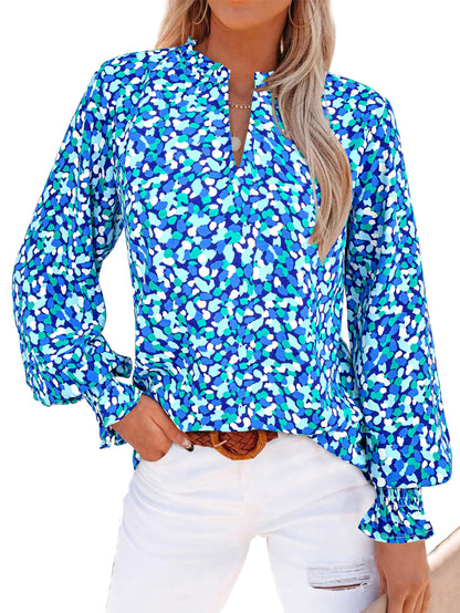 MASCOMODA Womens V Neck Floral Long Sleeve Tops 2025 Summer Casual Loose Puff Sleeve Chiffon Boho Work Blouse Dressy T Shirts